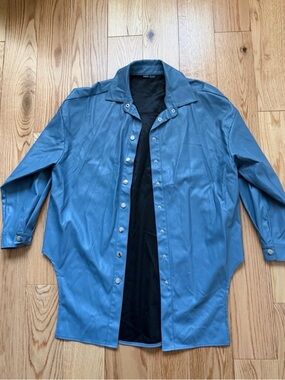 Long Sleeve Blue Faux-Leather Button-Front Shirt